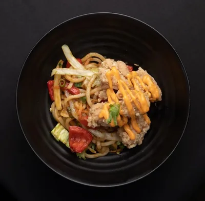 Yaki udon with chicken karaage and spicy mayo.