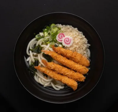 Prawn udon soup with crumbed prawns.