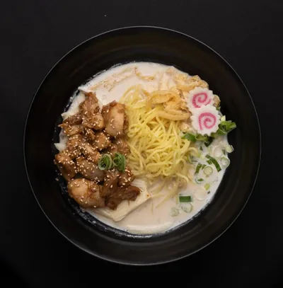 Teriyaki chicken ramen in a creamy tonkotsu broth.
